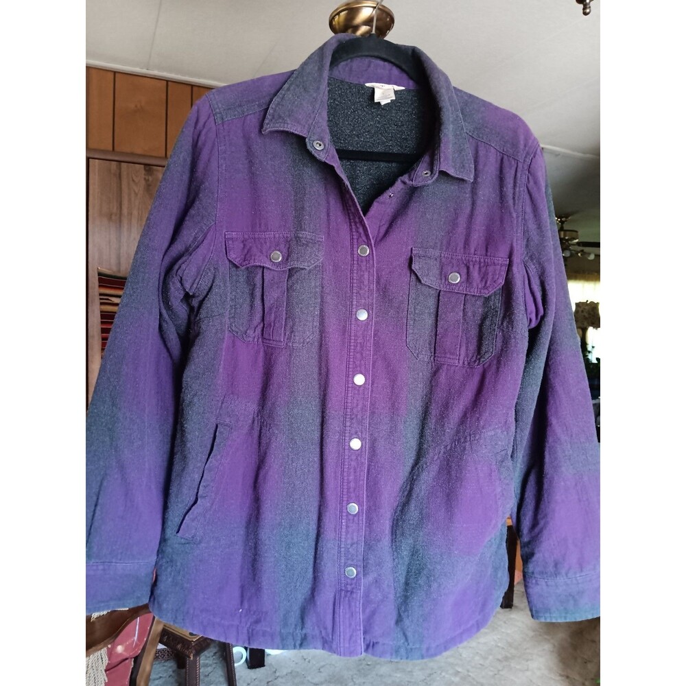 Women's Duluth Trading Purple Gray Flannel Jacket Snap Front Cotton Large